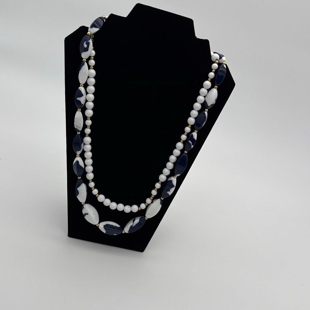 Vintage 1980s Navy Blue & White Beaded Necklace Set 28” 22” Gold Tone Nautical P